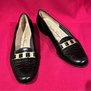 Salvatore Ferragamo black croc-embossed loafers size 7